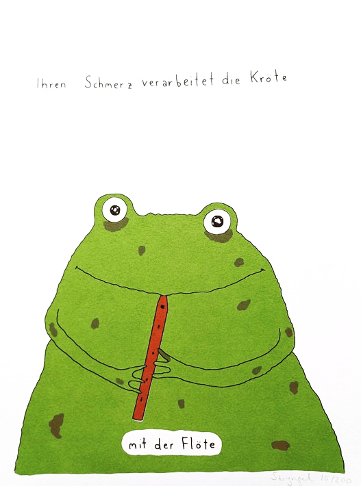 Kröte Siebdruck "Ihren Schmerz verarbeitet die Kröte... mit der Flöte" von Stefanie Sargnagel